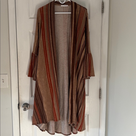 Ces Femme Sweaters - Ces Femme brown orange tan striped duster cardigan w pockets bell sleeve S